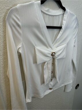 Women's White Bow-Front Long Sleeve Blouse with Pearl Accent